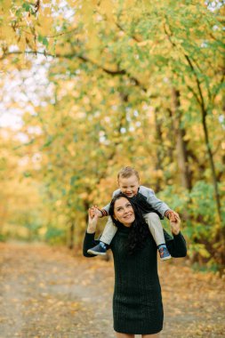 Bir anne ve oğlu sonbahar ormanlarında eğlenir ve güler..