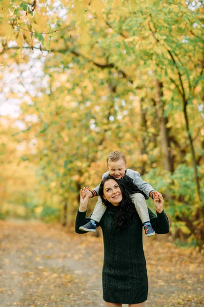 Una madre y un hijo juegan, se divierten y se ríen en el bosque de otoño . —  Fotos de Stock