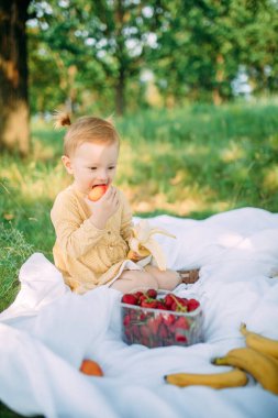Çocuk kız parkta piknik sırasında oturur ve meyve yer..