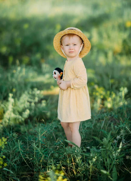 Mädchen Mit Hut Läuft Mit Spielzeug Der Hand Auf Wiese — Stockfoto