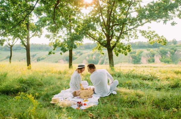 Familia Con Hija Pequeña Descansa Durante Picnic Parque Vista Trasera — Foto de Stock