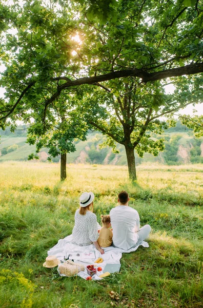 小さな娘を持つ家族は公園でピクニック中に休みます バックビュー — ストック写真