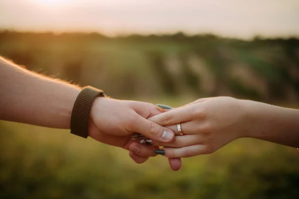 Par Amor Mantém Outro Mãos Durante Passeio Prado Pôr Sol — Fotografia de Stock