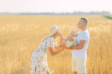 Mutlu genç aile, sarı buğday tarlalarının arasında eğleniyor ve bebekleriyle oynuyor..