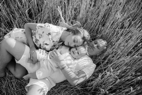 Счастливая Молодая Семья Ребенком Лежит Отдыхает Среди Желтого Пшеничного Поля — стоковое фото