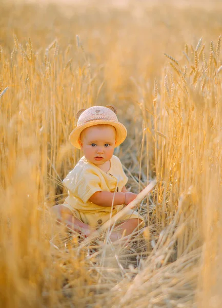 Baby Hoed Zit Speelt Tussen Gele Tarwe Veld — Stockfoto