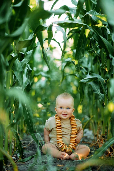 Vrolijke Baby Met Bagels Zijn Nek Zit Speelt Tussen Groene — Stockfoto