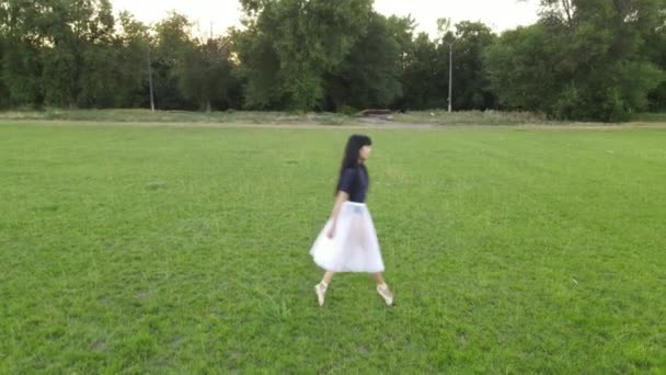 白いドレス電車の中で日本のバレリーナと芝生の背景にダンス要素を繰り返します — ストック動画