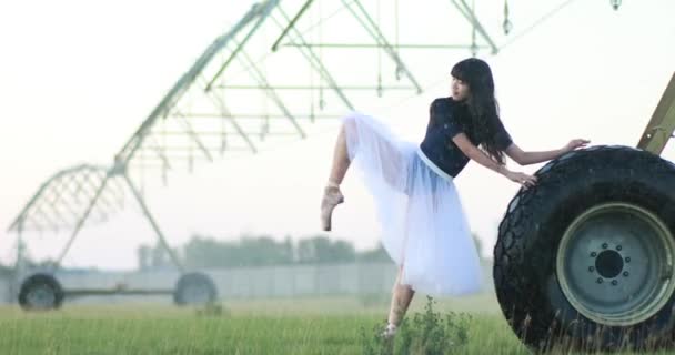 Ballerina Giapponese Abito Bianco Treni Ripete Elementi Danza Campo Azienda — Video Stock