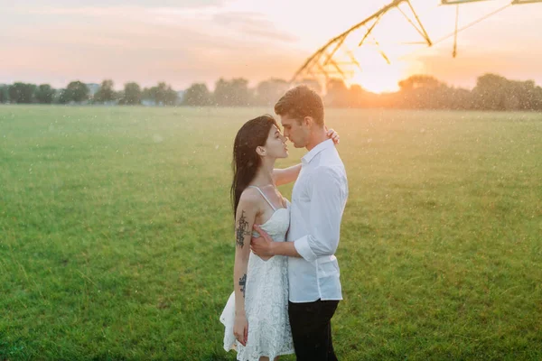 愛のカップルは立っており 日没時に農業の噴霧器から水滴の下の芝生の間で包含します — ストック写真