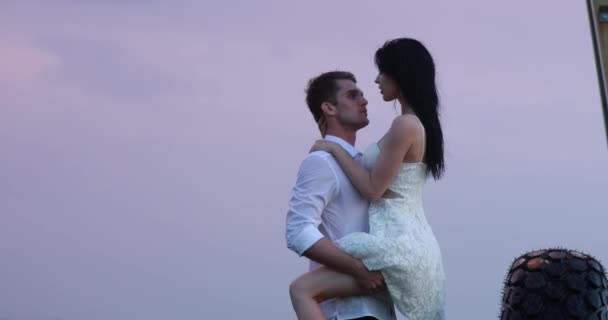 恋爱中的夫妻在农场里和农耕喷雾器的轮旁做爱 — 图库视频影像