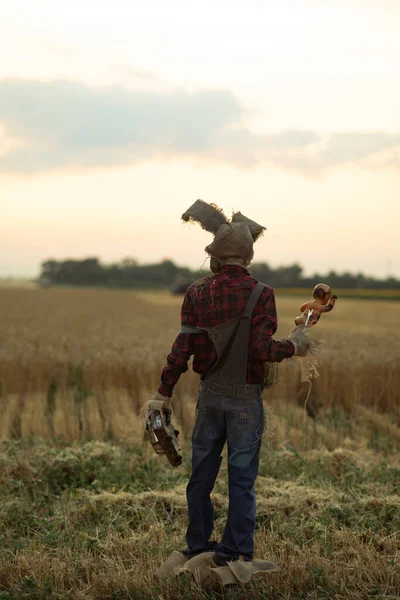 Tavşan kulaklı büyücü imajı takmış bir adam bir vudu ritüeli gerçekleştiriyor ve tarlada gün batımına karşı bebek kablosu tutuyor..