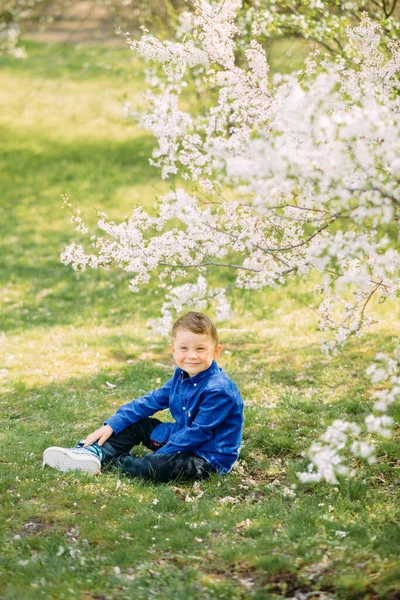 Šťastný Chlapec Sedí Zelené Trávě Sluncem Zalité Mýtině Pozadí Kvetoucí — Stock fotografie