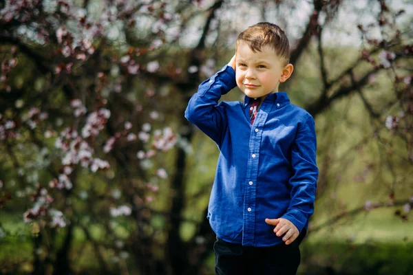 在漫步的过程中 快乐的小男孩站在繁茂的春天花园的背景下 — 图库照片
