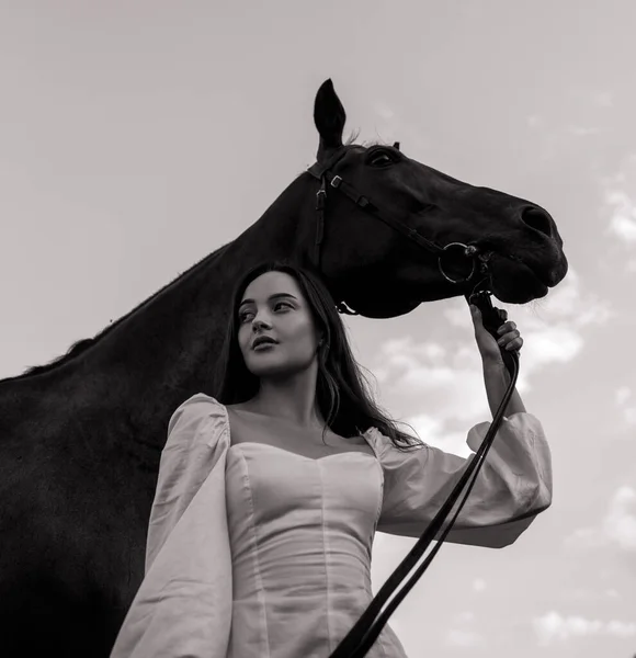 Mujer Joven Para Sostiene Caballo Por Freno Contra Fondo Del — Foto de Stock