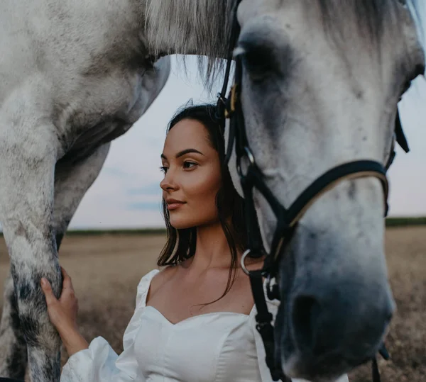 牧草地に立つ若い女性と灰色の馬の肖像 — ストック写真