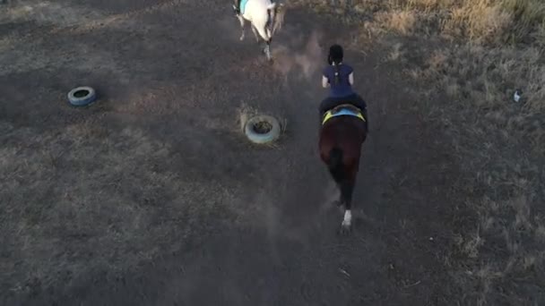 Deux Cavalières Montent Cheval Dans Paddock Club Équestre — Video