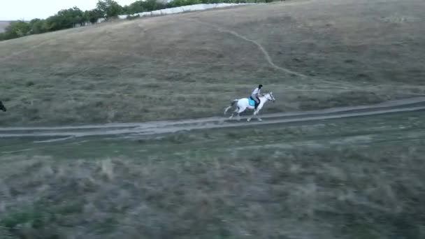 Five Horsewomen Gallop Horseback Dirt Road Hills — Stock Video