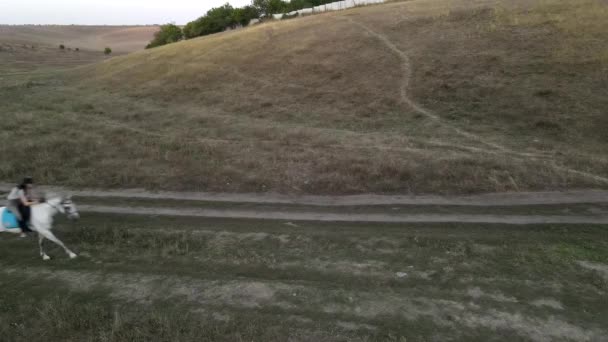 Cinq Cavalières Galopent Cheval Long Chemin Terre Entre Les Collines — Video