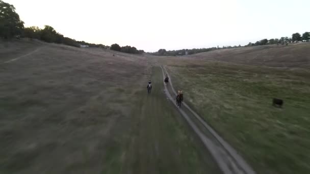 Five Horsewomen Gallop Horseback Dirt Road Hills View Drone — Stock Video