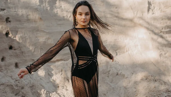 Pretty Woman Black Transparent Dress Poses Sand Quarry — Stock Photo, Image