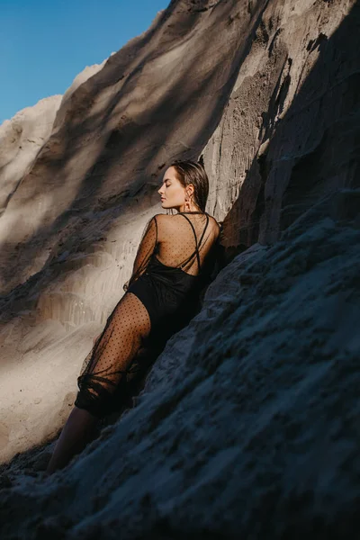 Pretty Woman Black Transparent Dress Poses Sand Canyon — Stock Photo, Image