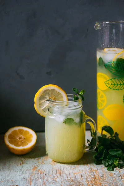 Fresh Cold Bright Lemonade Mint Jar Table Concrete Background — Stock Photo, Image