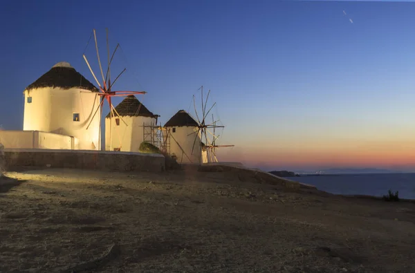 Windmills Kato Mili Old Town Mykonos Greece Night — Stock Photo, Image