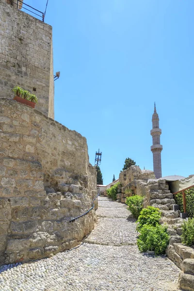 Minaret Suleiman Mosque View Medieval Clock Tower Rhodes Dodecanese Greece — Stock Photo, Image