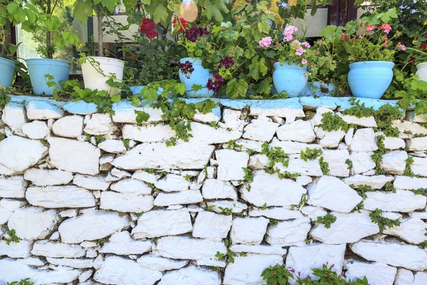 Briques Blanches Sur Mur Avec Des Fleurs Pot Dans Village — Photo