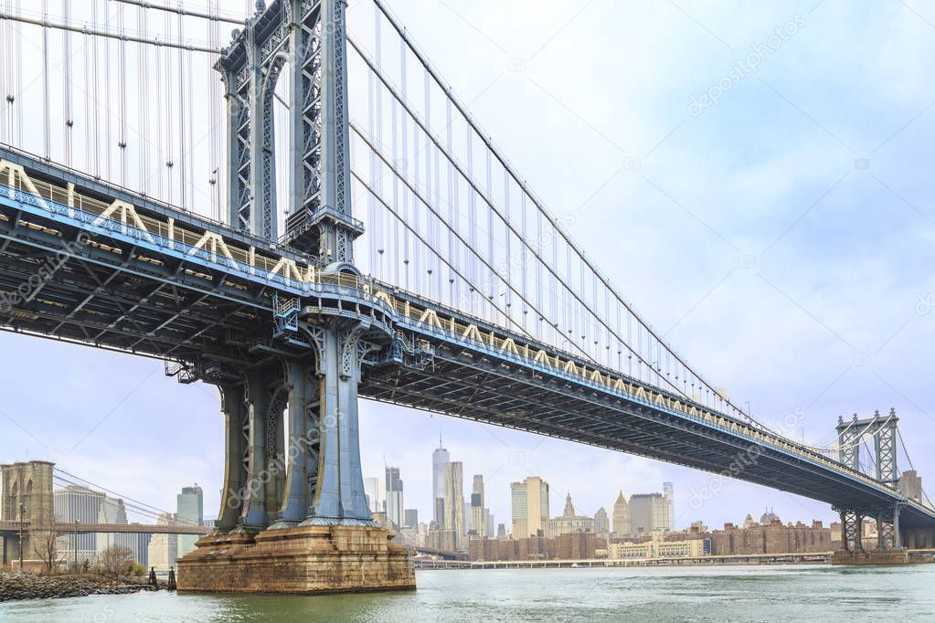 Manhattan bridge close with lower Manhattan from Brooklyn side in New York, NY, USA 