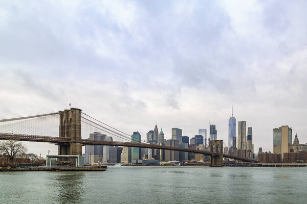 Brooklyn bridge and lower Manhattan from Brooklyn in New York, NY, USA