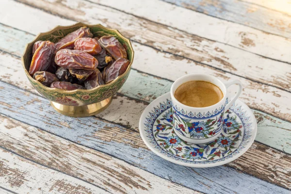 Turkish Coffee Dates Turquoise Table Side View — Stock Photo, Image