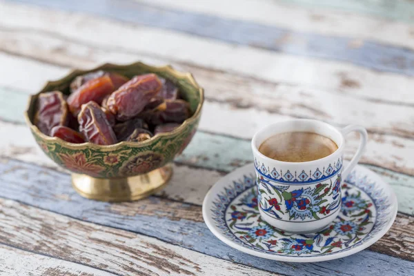 Turkish Coffee Dates Turquoise Table Side View — Stock Photo, Image