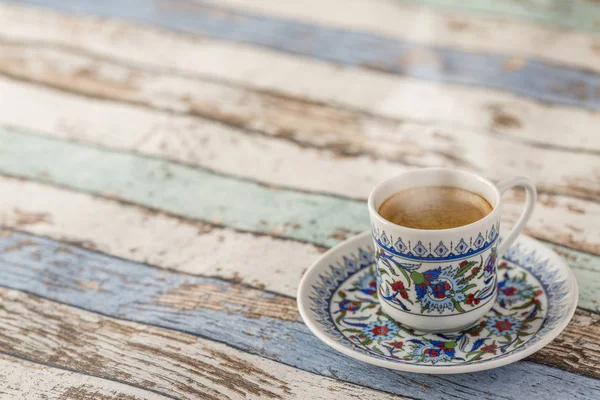 Hot Turkish Coffee Turquoise Table Side View — Stock Photo, Image