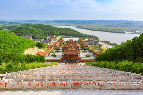Vista aerea, Zhengjue tempio buddista, Jilin, Cina — Foto Stock