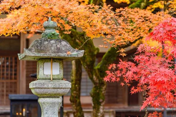 Steenlantaarn met prachtige rode herfstbladeren, Japan — Stockfoto