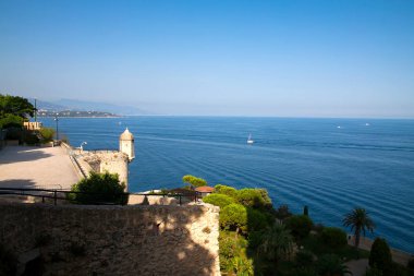 Monako güzel deniz manzarası. Rıhtımlar üzerinde yemyeşil ağaçlar