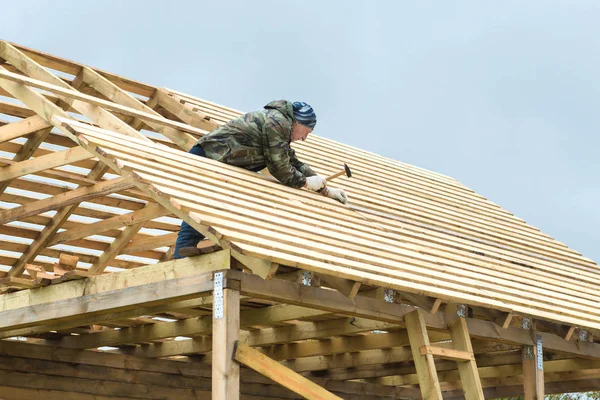 Construction of a wooden house in a rural area