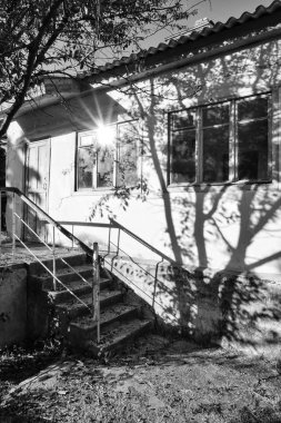 Eski ev adımları yukarıda, pencere, gölgeler ve ışıklar. Ağaç silüeti duvara yansıtılır.