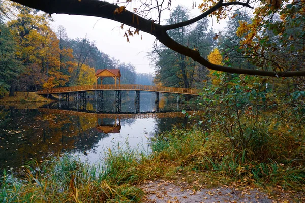 Houten brug over de rivier met een luifel. — Stockfoto