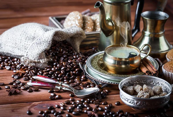 stock image Black coffee on old background