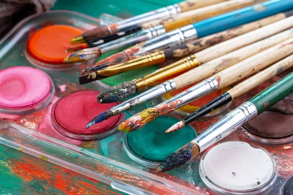 Paint brushes and paints for drawing.