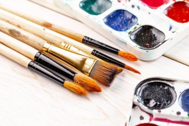 Boya fırçaları ve çizim için boyalar.