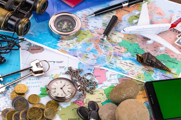 Artículos Accesorios Para Viajero Fondo Viejo Sobre Mesa — Foto de Stock