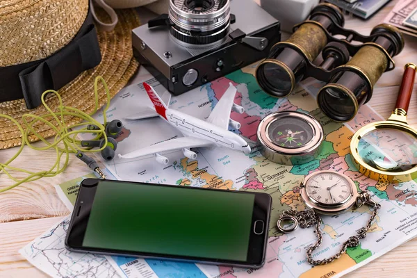 Artículos Accesorios Para Viajero Fondo Viejo Sobre Mesa — Foto de Stock