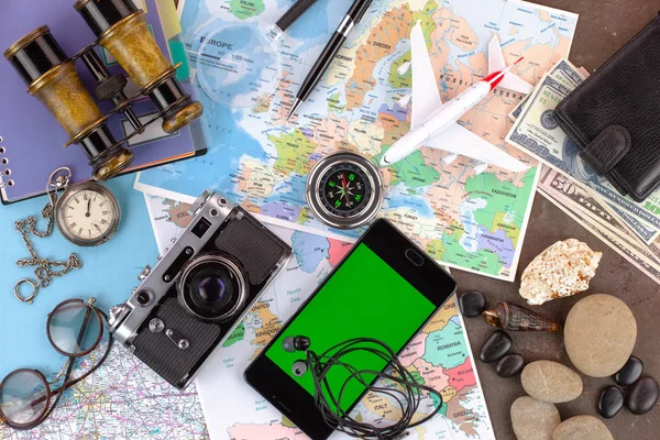 Artículos Accesorios Para Viajero Fondo Viejo Sobre Mesa — Foto de Stock