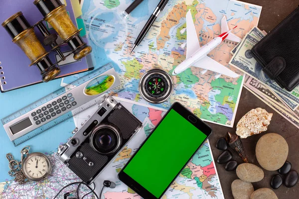 Artículos Accesorios Para Viajero Fondo Viejo Sobre Mesa — Foto de Stock