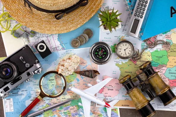 Items Accessories Traveler Old Background Table — Stock Photo, Image