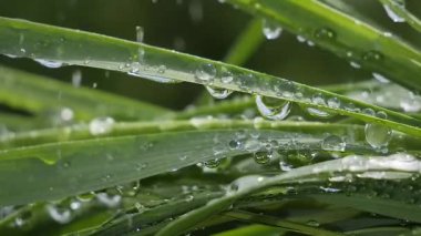 Yeşil çimenler yağmur damlalarıyla birlikte